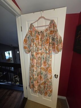 STATE Peach and Green Floral Off-Shoulder Midi Dress